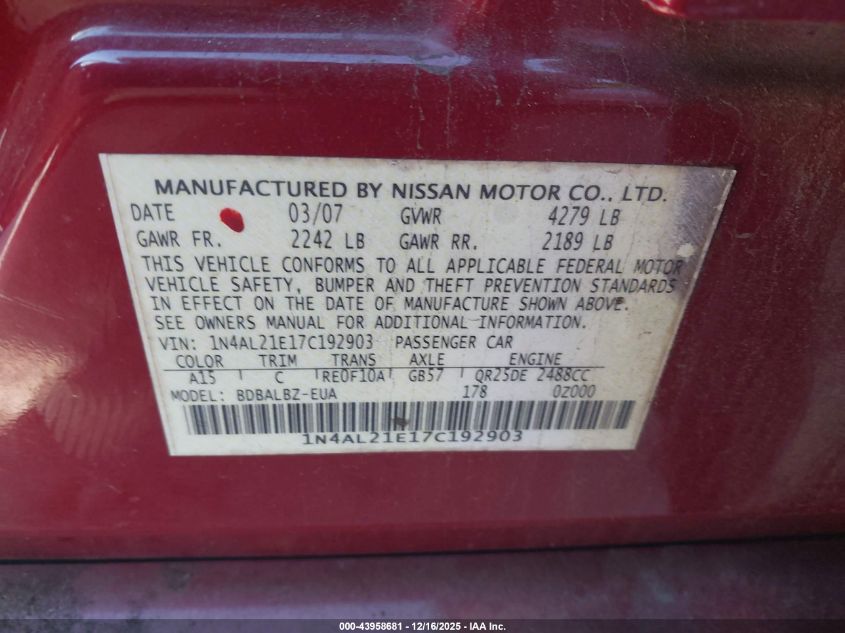 2007 Nissan Altima 2.5 S VIN: 1N4AL21E17C192903 Lot: 43958681