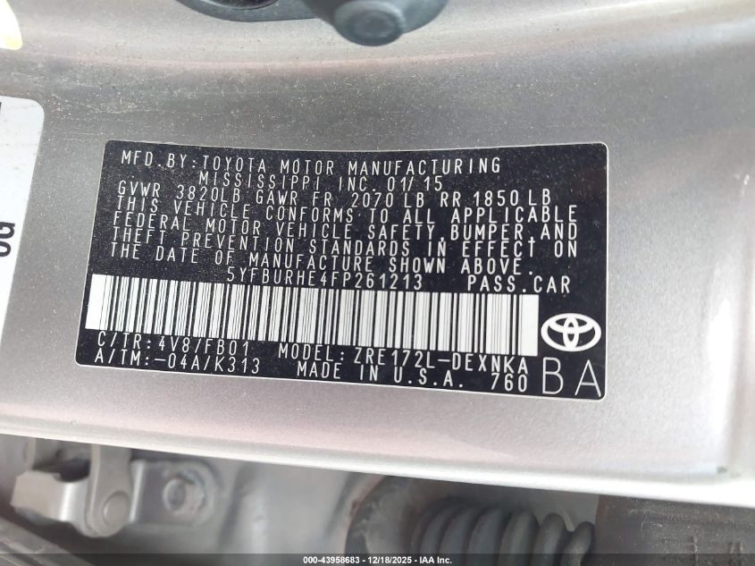 2015 Toyota Corolla Le VIN: 5YFBURHE4FP261213 Lot: 43958683