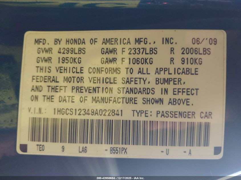 2009 Honda Accord 2.4 Lx-S VIN: 1HGCS12349A022841 Lot: 43958684