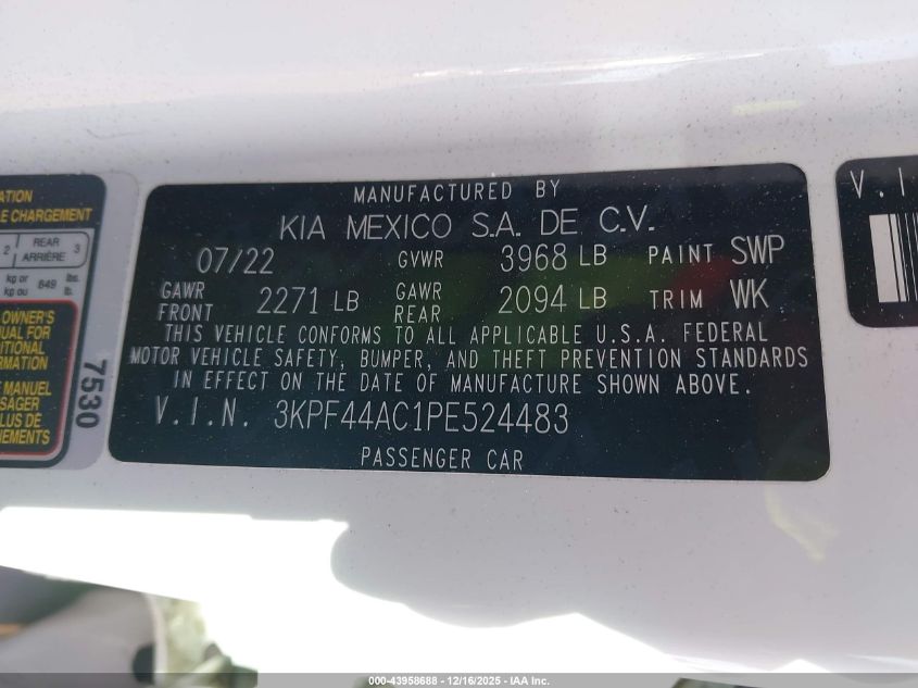 2023 Kia Forte Gt VIN: 3KPF44AC1PE524483 Lot: 43958688