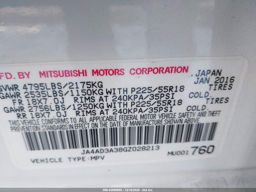 2016 Mitsubishi Outlander Se/Sel VIN: JA4AD3A38GZ028213 Lot: 43958695