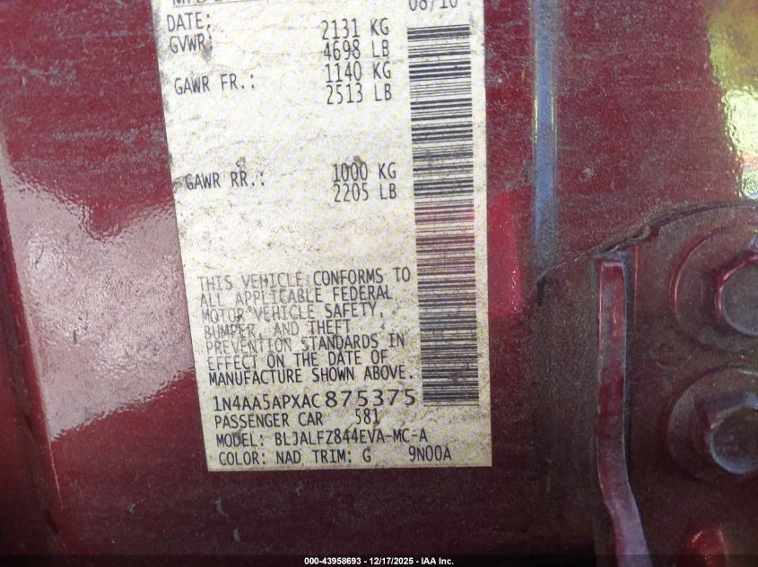 2010 Nissan Maxima 3.5 Sv VIN: 1N4AA5APXAC875375 Lot: 43958693