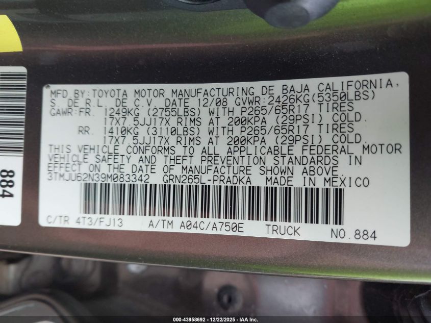 2009 Toyota Tacoma Prerunner V6 VIN: 3TMJU62N39M083342 Lot: 43958692