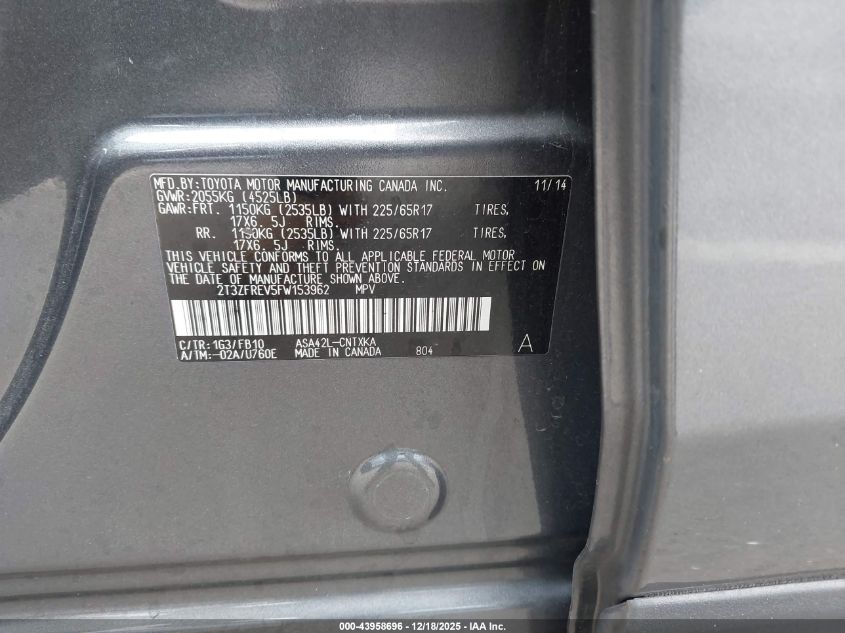 2015 Toyota Rav4 Le VIN: 2T3ZFREV5FW153962 Lot: 43958696