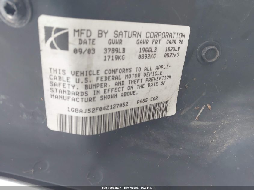 2004 Saturn Ion 2 VIN: 1G8AJ52F04Z127052 Lot: 43958697