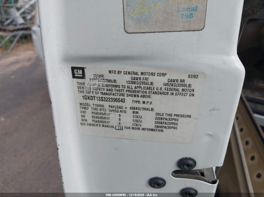 2002 GMC Envoy Slt VIN: 1GKDT13S322396643 Lot: 43958699