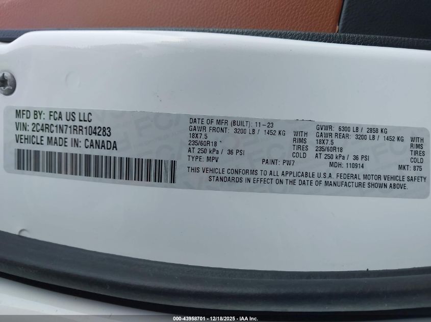 2024 Chrysler Pacifica Hybrid Pinnacle VIN: 2C4RC1N71RR104283 Lot: 43958701