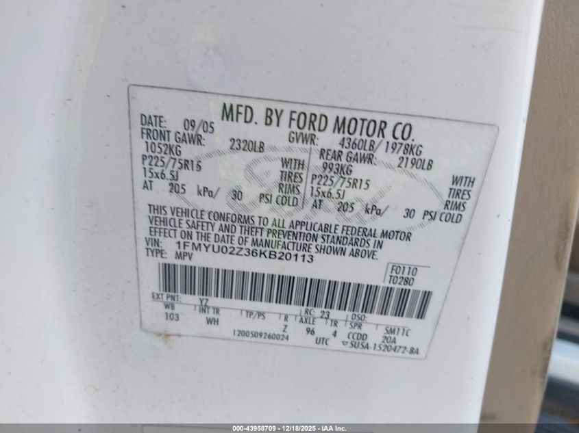 2006 Ford Escape Xls/Xls Manual VIN: 1FMYU02Z36KB20113 Lot: 43958709