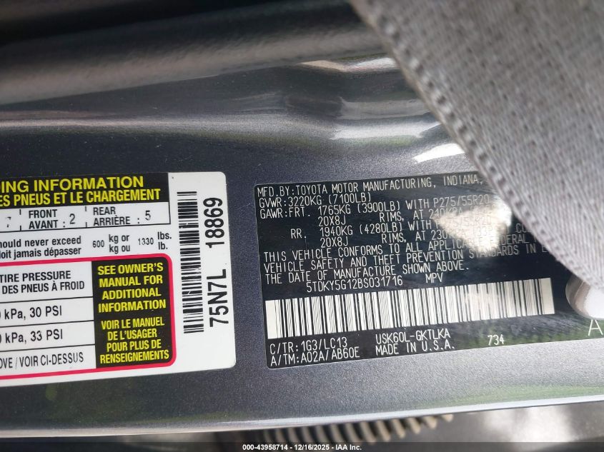 2011 Toyota Sequoia Limited 5.7L V8 VIN: 5TDKY5G12BS031716 Lot: 43958714