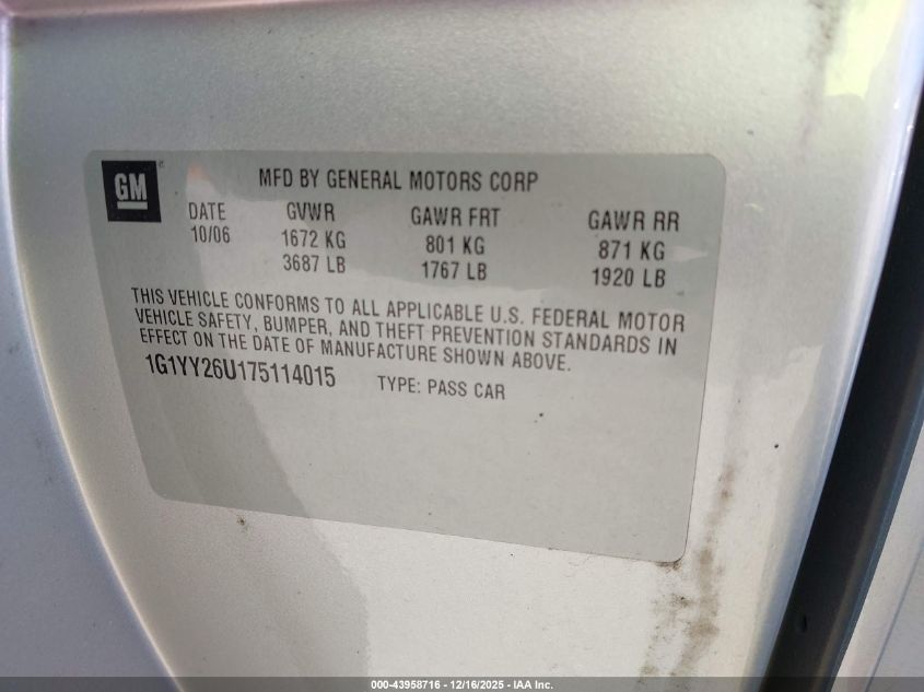 2007 Chevrolet Corvette VIN: 1G1YY26U175114015 Lot: 43958716