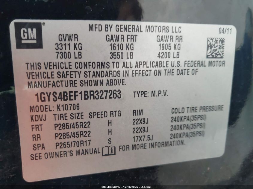 2011 Cadillac Escalade Luxury VIN: 1GYS4BEF1BR327263 Lot: 43958717