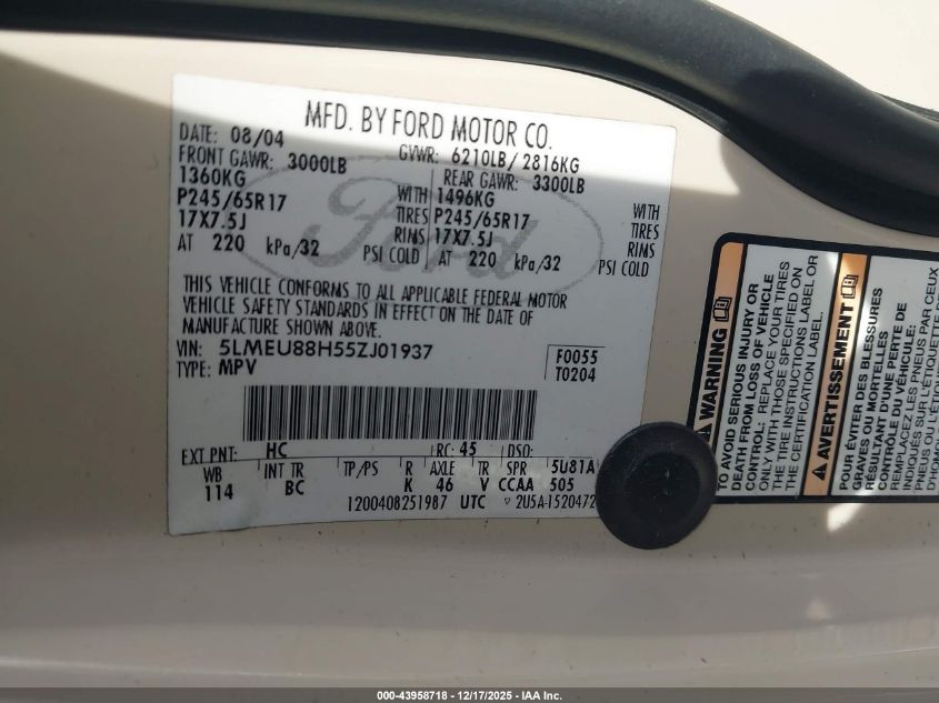 2005 Lincoln Aviator VIN: 5LMEU88H55ZJ01937 Lot: 43958718