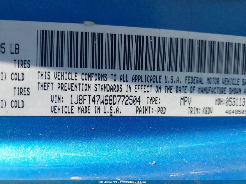 2008 Jeep Compass Sport VIN: 1J8FT47W68D772504 Lot: 43958721