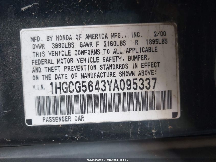 2000 Honda Accord 2.3 Lx VIN: 1HGCG5643YA095337 Lot: 43958723