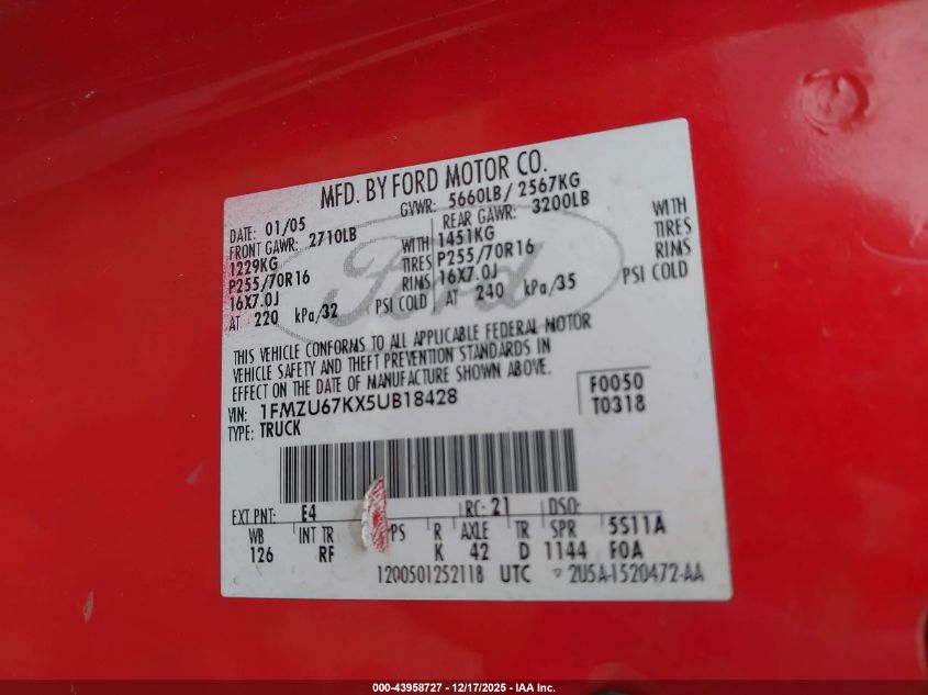 2005 Ford Explorer Sport Trac Adrenalin/Xls/Xlt VIN: 1FMZU67KX5UB18428 Lot: 43958727