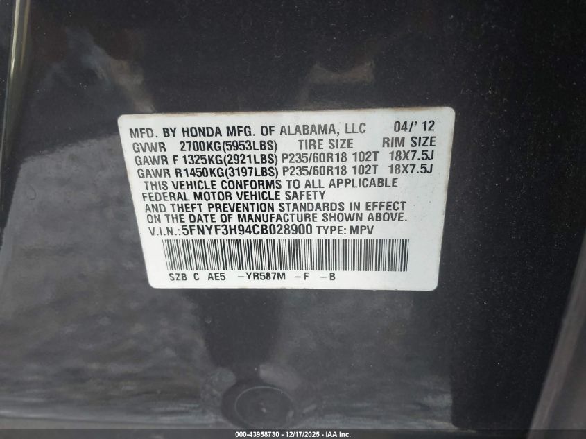 2012 Honda Pilot Touring VIN: 5FNYF3H94CB028900 Lot: 43958730