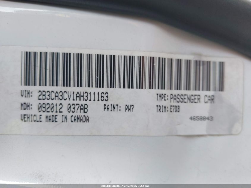 2010 Dodge Charger Sxt VIN: 2B3CA3CV1AH311163 Lot: 43958736