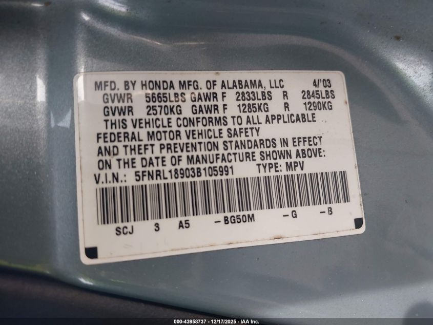 2003 Honda Odyssey Ex-L VIN: 5FNRL18903B105991 Lot: 43958737