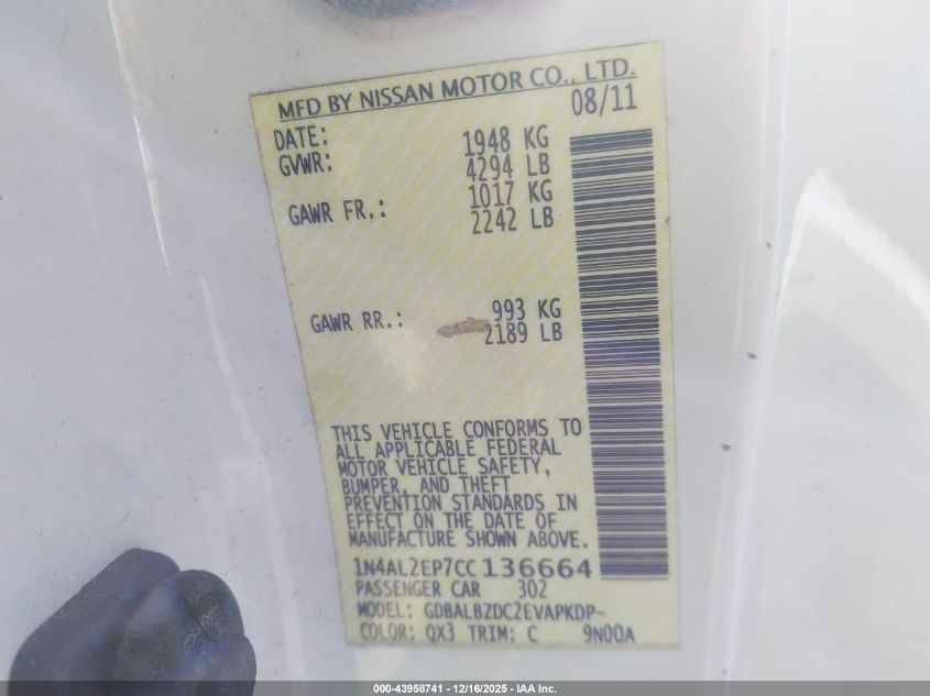 2012 Nissan Altima 2.5 S VIN: 1N4AL2EP7CC136664 Lot: 43958741