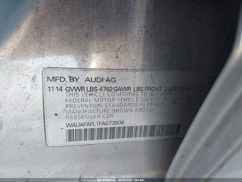 2015 Audi A4 2.0T Premium VIN: WAUAFAFL1FA073906 Lot: 43958743