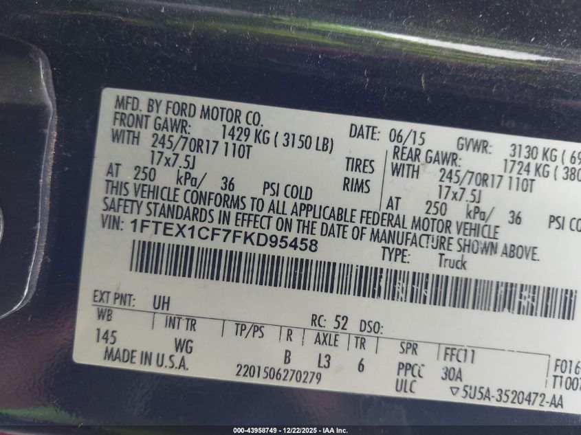 2015 Ford F-150 Xl VIN: 1FTEX1CF7FKD95458 Lot: 43958749