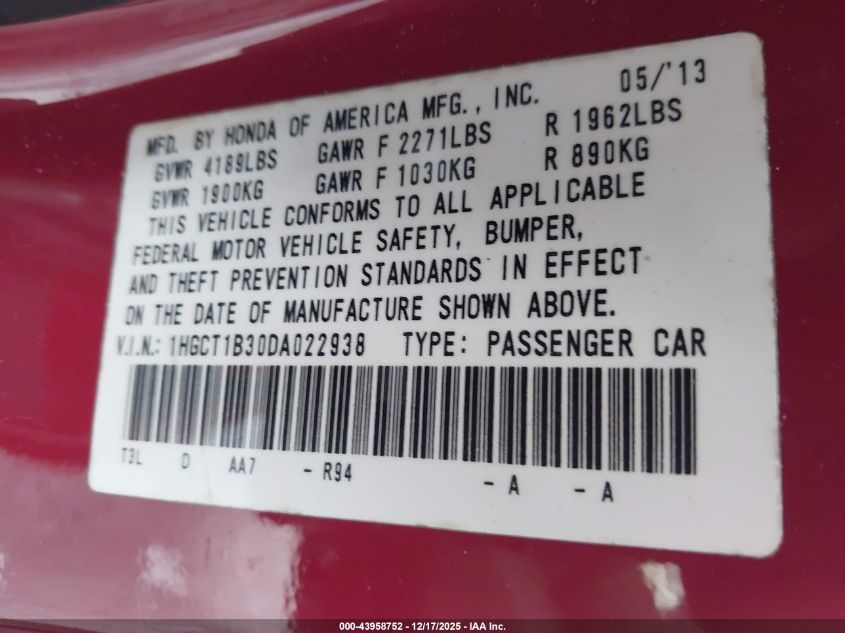 2013 Honda Accord Lx-S VIN: 1HGCT1B30DA022938 Lot: 43958752