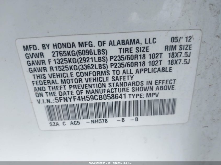 2012 Honda Pilot Ex-L VIN: 5FNYF4H59CB058641 Lot: 43958753