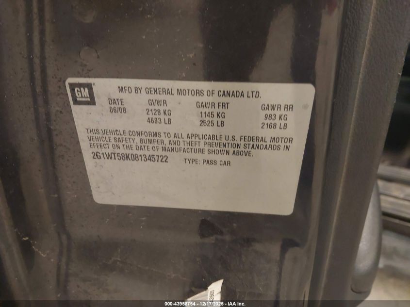 2008 Chevrolet Impala Lt VIN: 2G1WT58K081345722 Lot: 43958754