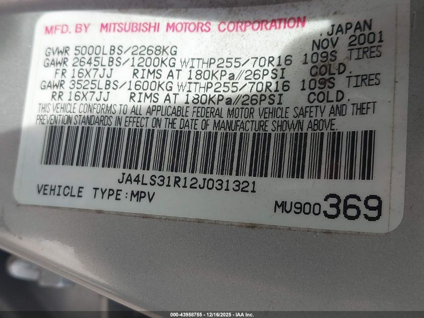 2002 Mitsubishi Montero Sport Xls VIN: JA4LS31R12J031321 Lot: 43958755