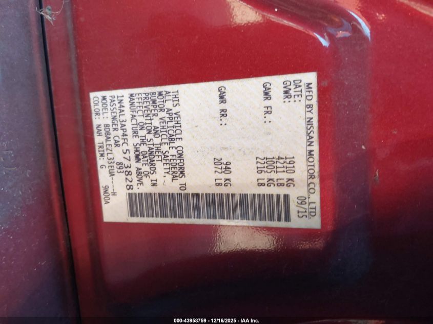 2015 Nissan Altima 2.5 S VIN: 1N4AL3AP4FC573828 Lot: 43958759