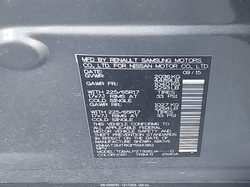 2016 Nissan Rogue S VIN: KNMAT2MT8GP594382 Lot: 43958763