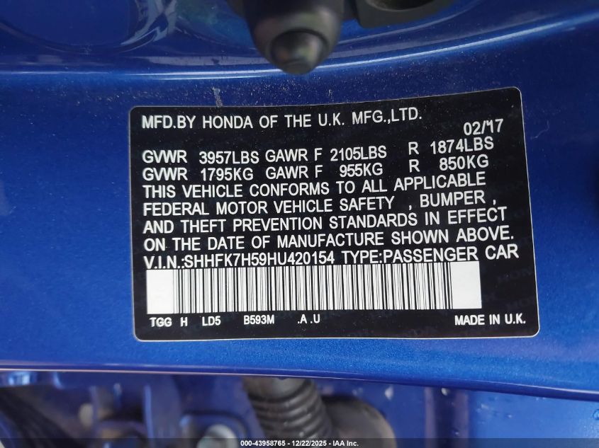 2017 Honda Civic Ex VIN: SHHFK7H59HU420154 Lot: 43958765