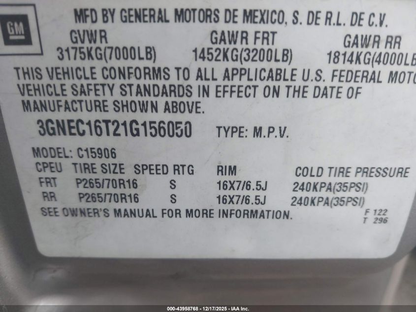 2001 Chevrolet Suburban 1500 Lt VIN: 3GNEC16T21G156050 Lot: 43958768