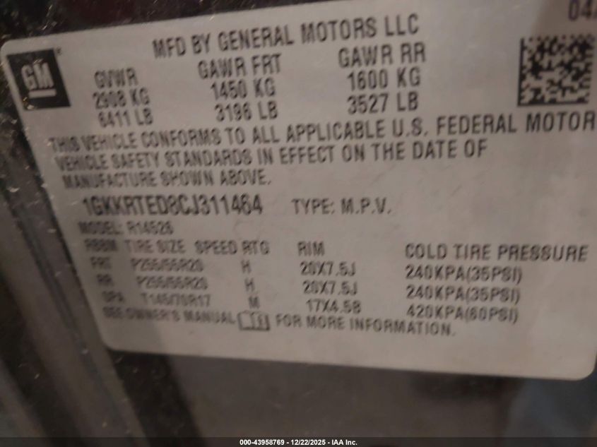 2012 GMC Acadia Denali VIN: 1GKKRTED8CJ311464 Lot: 43958769