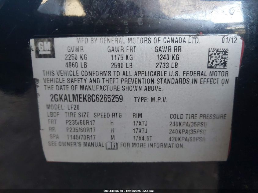 2012 GMC Terrain Sle-1 VIN: 2GKALMEK8C6265259 Lot: 43958770