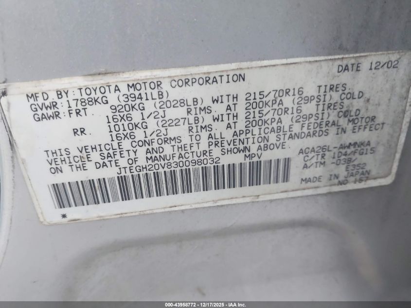 2003 Toyota Rav4 VIN: JTEGH20V830098032 Lot: 43958772