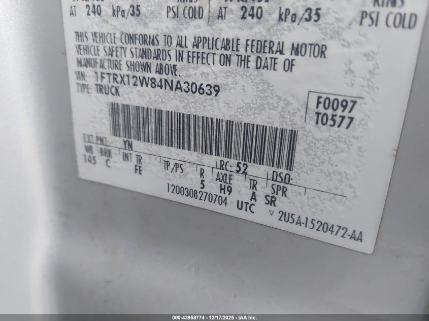 2004 Ford F-150 Stx/Xl/Xlt VIN: 1FTRX12W84NA30639 Lot: 43958774