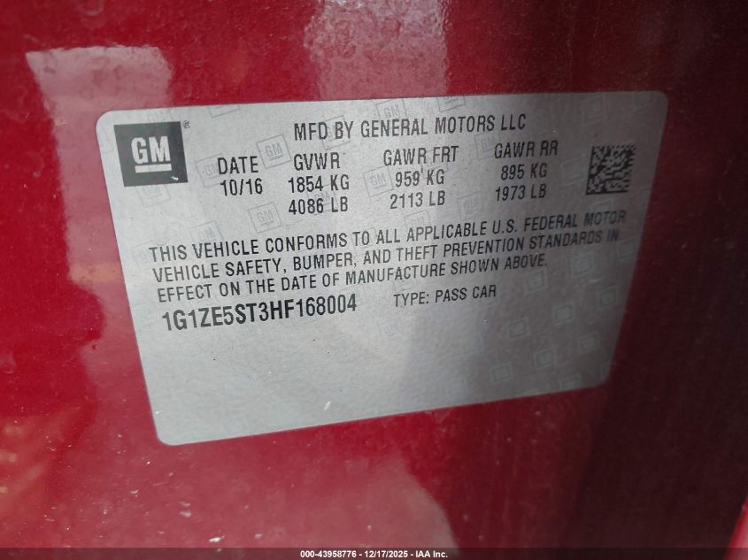 2017 Chevrolet Malibu 1Lt VIN: 1G1ZE5ST3HF168004 Lot: 43958776