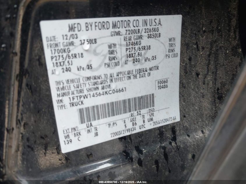 2004 Ford F-150 Fx4/Lariat/Xlt VIN: 1FTPW14564KC04661 Lot: 43958780