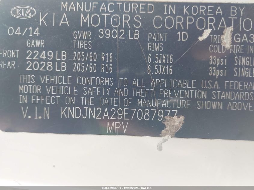 2014 Kia Soul VIN: KNDJN2A29E7087977 Lot: 43958781