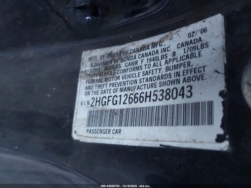 2006 Honda Civic Lx VIN: 2HGFG12666H538043 Lot: 43958783