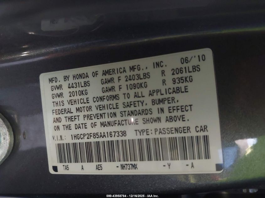 2010 Honda Accord 2.4 Ex-L VIN: 1HGCP2F85AA167338 Lot: 43958784