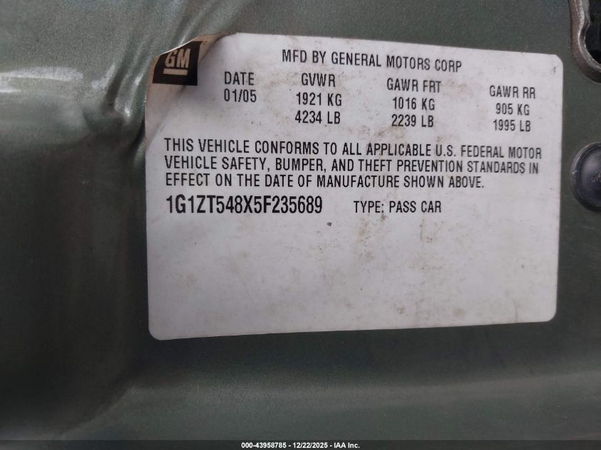 2005 Chevrolet Malibu Ls VIN: 1G1ZT548X5F235689 Lot: 43958785