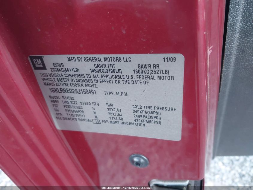 2010 GMC Acadia Slt-2 VIN: 1GKLRNED2AJ153491 Lot: 43958789