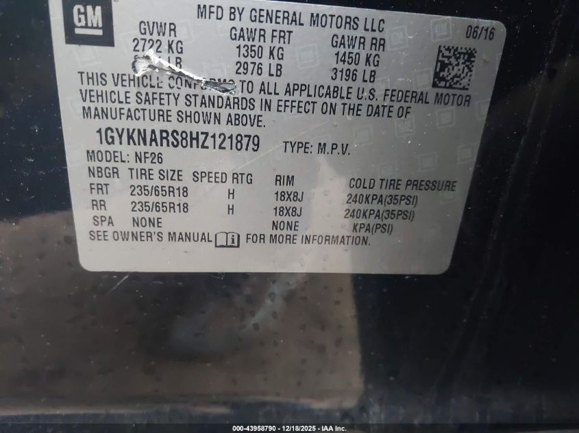 2017 Cadillac Xt5 Standard VIN: 1GYKNARS8HZ121879 Lot: 43958790