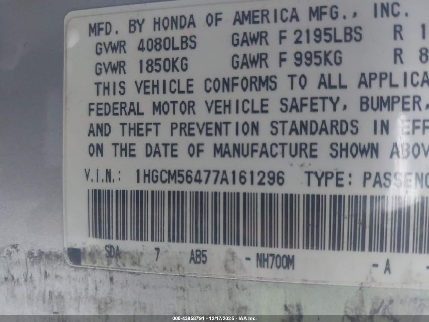 2007 Honda Accord 2.4 Lx VIN: 1HGCM56477A161296 Lot: 43958791
