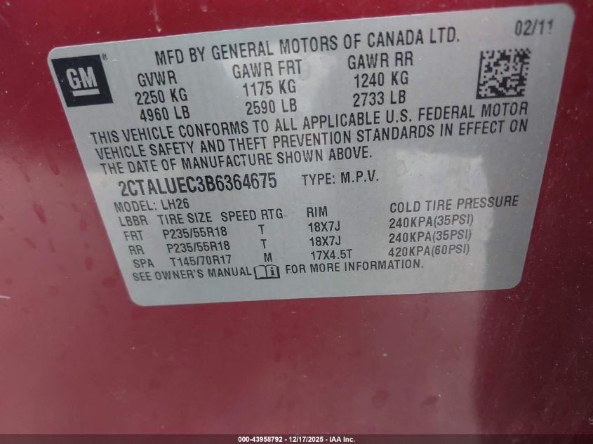 2011 GMC Terrain Slt-1 VIN: 2CTALUEC3B6364675 Lot: 43958792