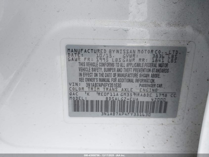 2015 Nissan Sentra Sl VIN: 3N1AB7AP4FY351630 Lot: 43958796