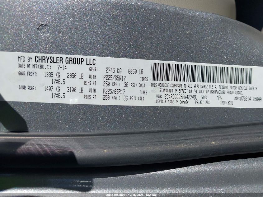 2014 Dodge Grand Caravan Sxt VIN: 2C4RDGCG5ER427491 Lot: 43958803