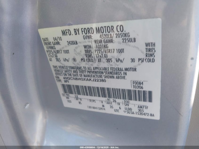 2010 Mercury Mariner Premier VIN: 4M2CN8HGXAKJ22380 Lot: 43958804